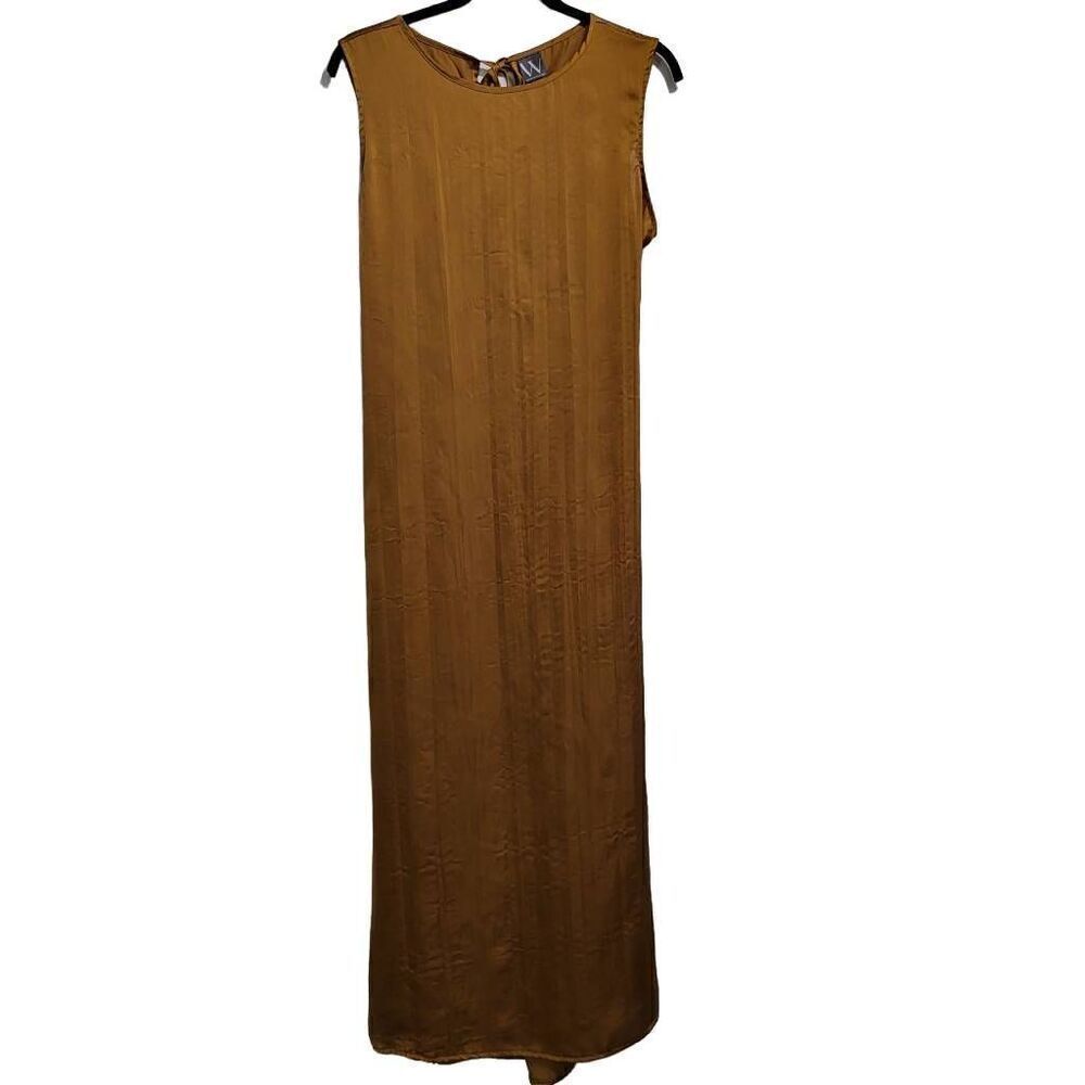 Worthington‎ Gold Silky Crinkle Sleeveless Back Cutout A-Line Midi Dress Sz lg - Picture 3 of 9